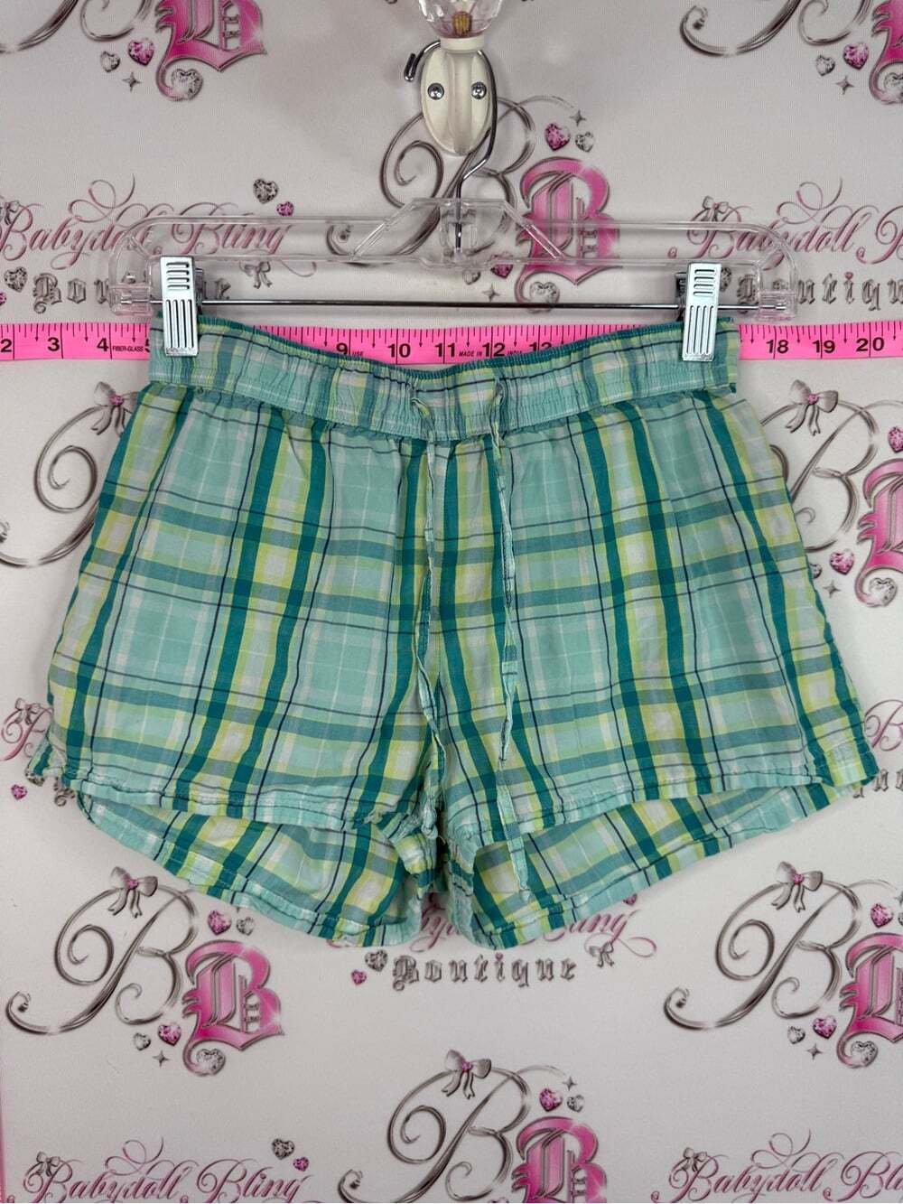 La Vie En Rose Light blue Green Plaid Drawstring Lounge Shorts